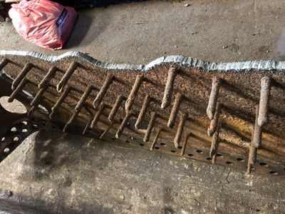 This is the old platework removed from the boiler. The spikes are the old boiler stays. Note how the bottom row have almost rusted away to nothi